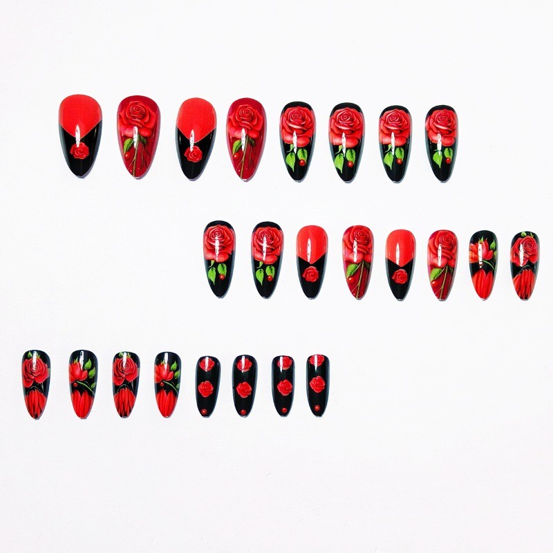 48PCS Long Almond Black 3D Red Rose Burgundy Nail Press Reusable Fake Nails