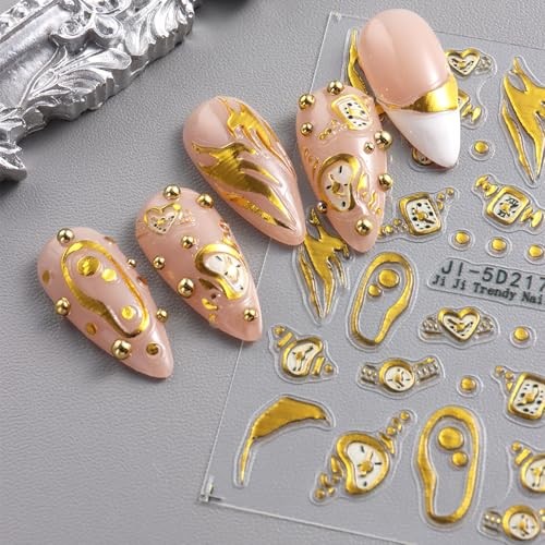 2Sheets Vintage Watch Nail Art Stickers 5D Embossed Gold 5D Gold Irregular 14