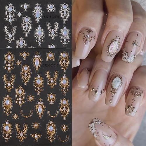 Baroque Nail Art Stickers 5D Embossed Gold Sliver Nail Decals Retro Style-4