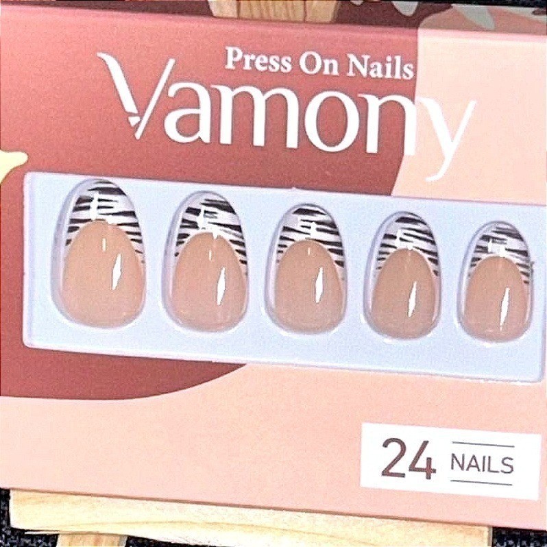 Zebra Print French Tip Nails Nude Press On Nails Short Almond Trendy Neutral