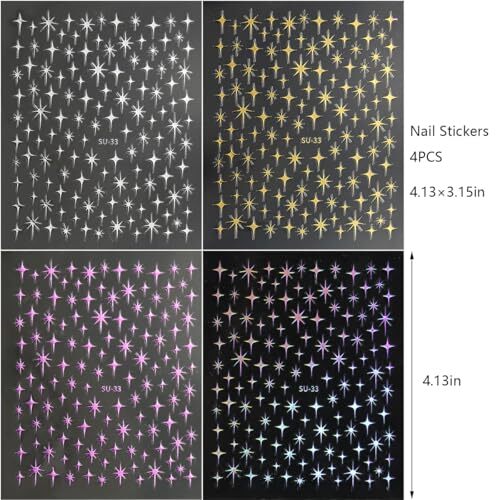 Star Nail Art Stickers Silver Metallic 3D Nail Decals 4PCS Glitter Nail style01