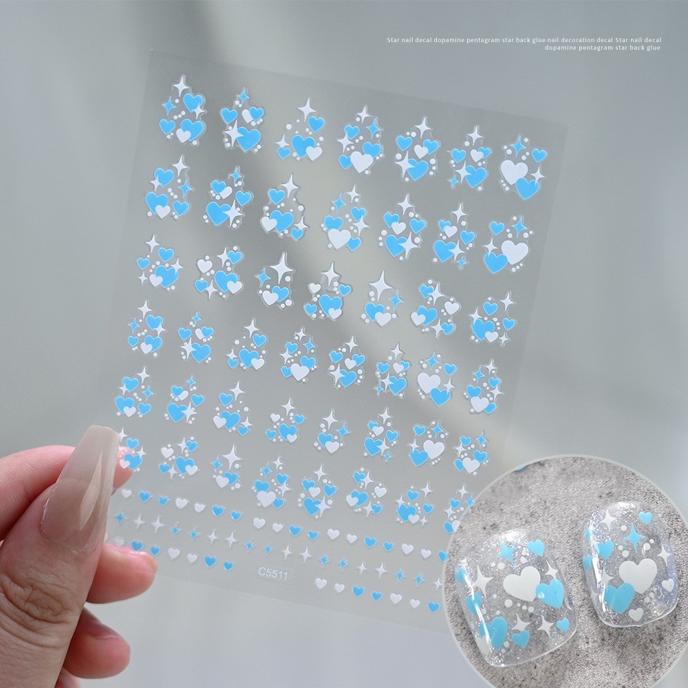 4Pcs Set Nails Stickers Blue Pink Star Heart Decals 3D Self-Adhesive Peel NH30