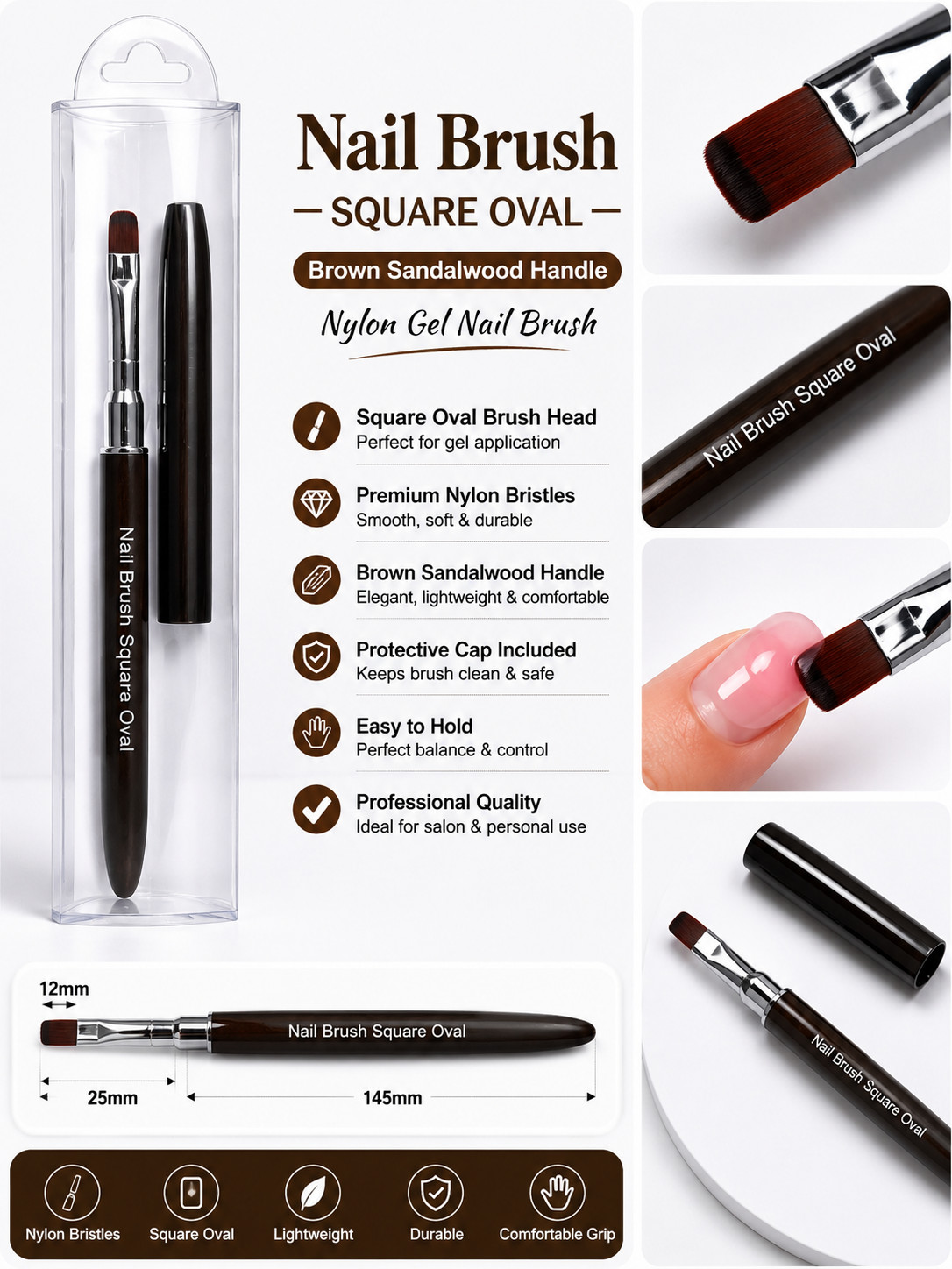 Nylon Gel Nail Brush Square Oval #6 80009 Black Sandalwood Handle