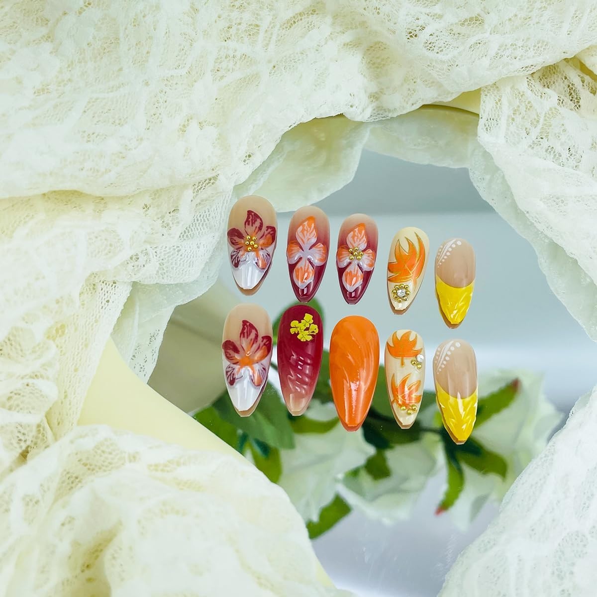 24Pcs Fall Press on Nails Medium Almond Fake Nails Fall Floral & Leaf Style-6