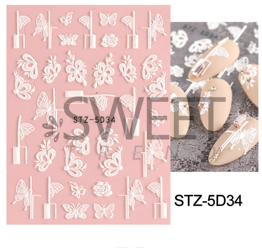 Pure White 5D Embossed Rose Flowers Butterfly Nail Stickers Adhesive Manicure