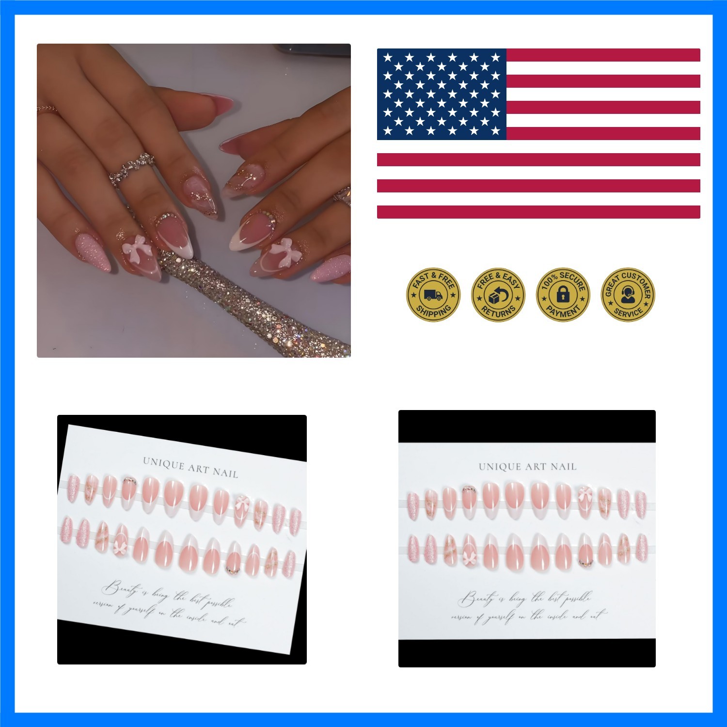 Almond French Tip Press on Nails – Medium Pink Fake Nails with 3D Bow Diamond…