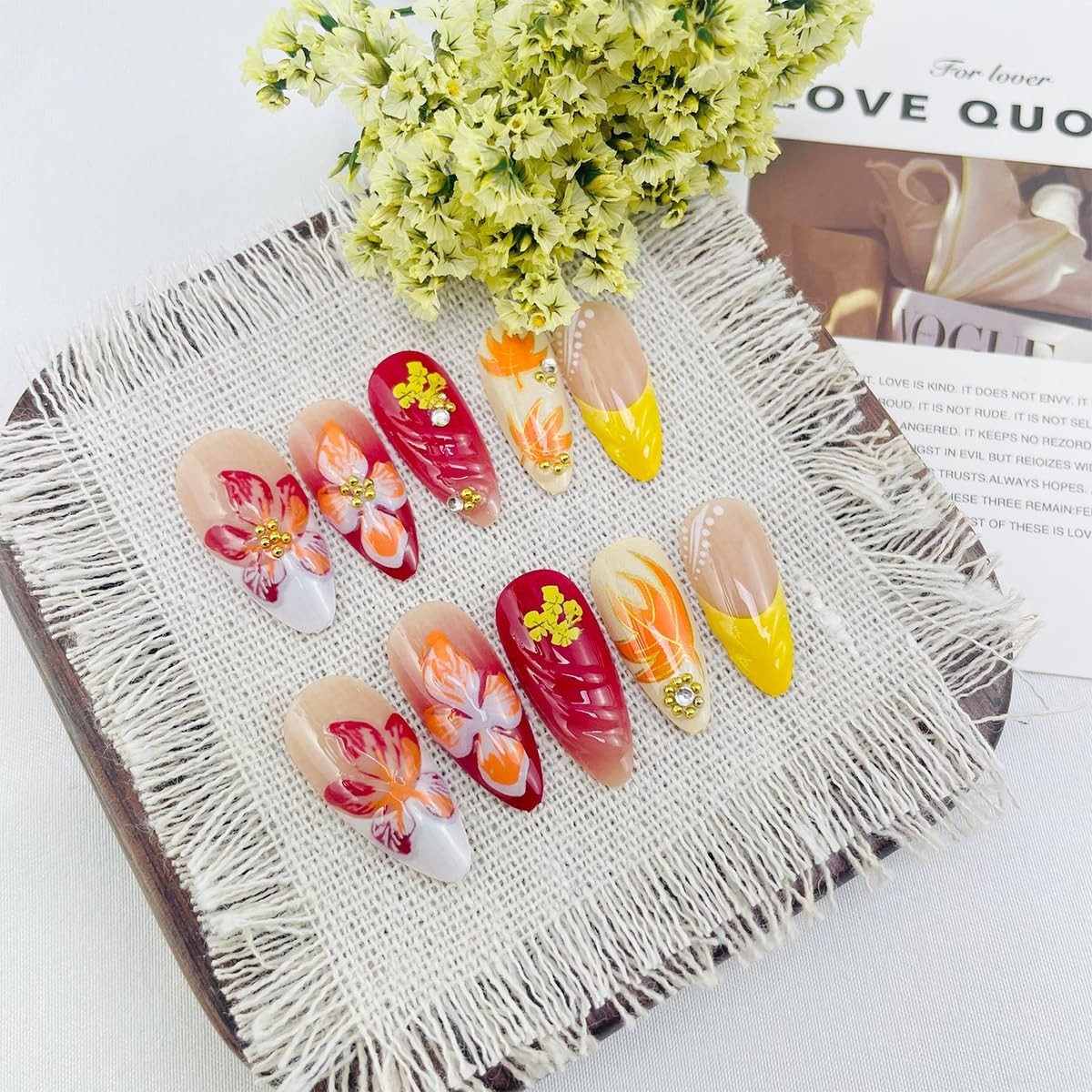 24Pcs Fall Press on Nails Medium Almond Fake Nails Fall Floral & Leaf Style-6
