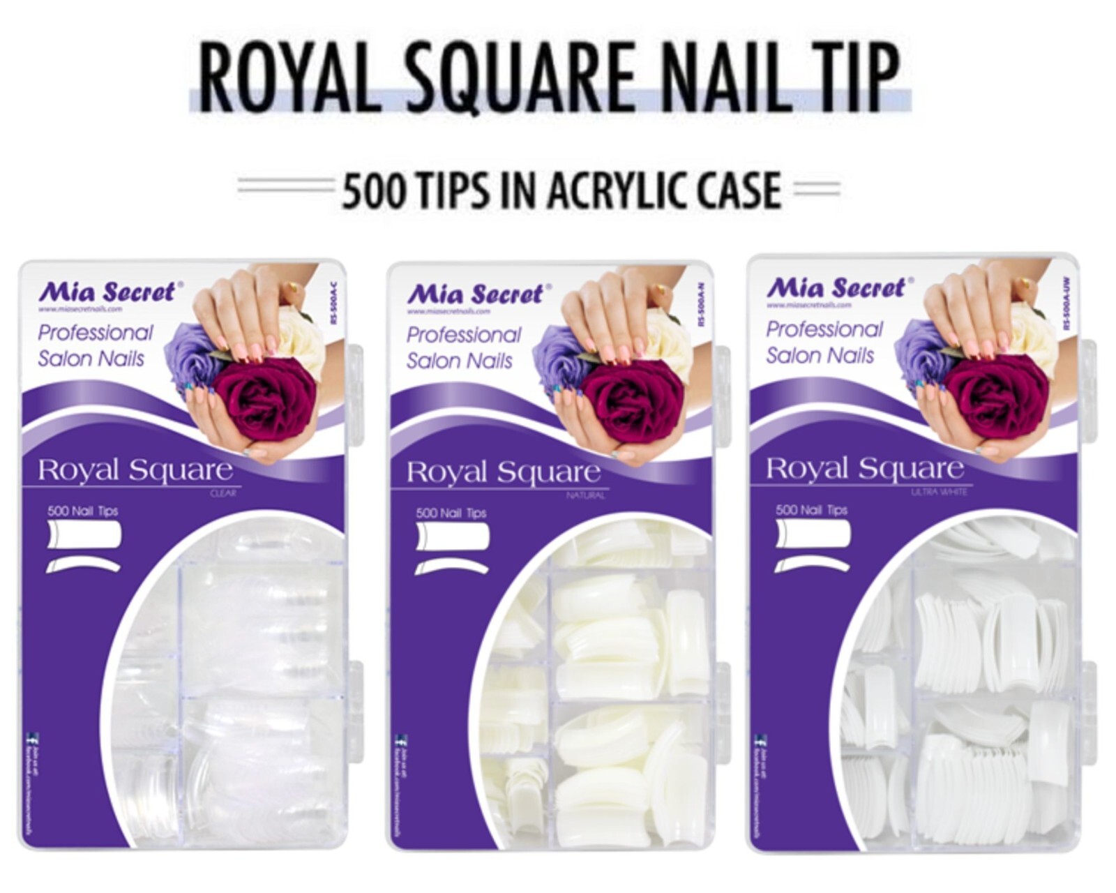 Mia Secret Nail Tips ROYAL SQUARE- Natural+ Ultra White +Clear ( 500 TIPS )