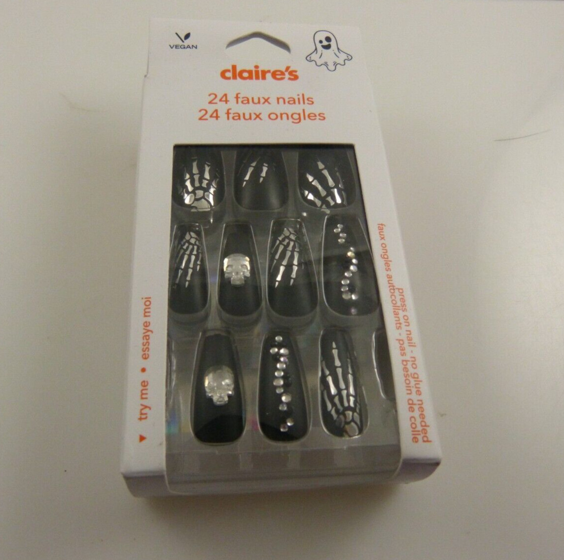 Claire’s faux false nails halloween skulls black bling press on no glue needed