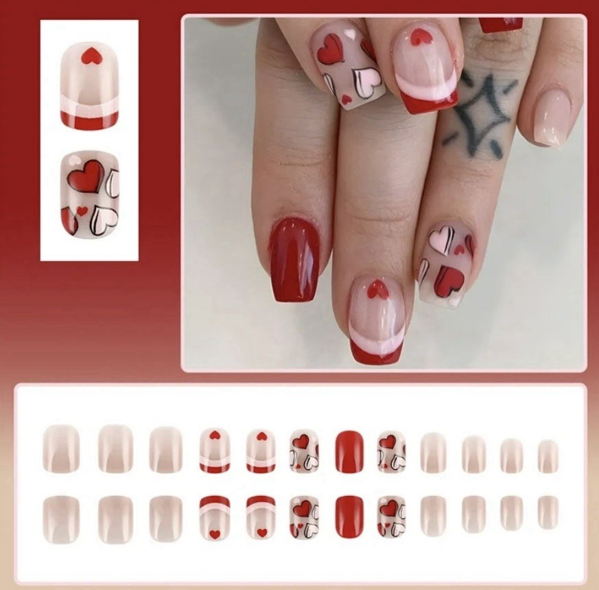 Fashionable French Tip Pink and Red Heart Design Acrylic Nails