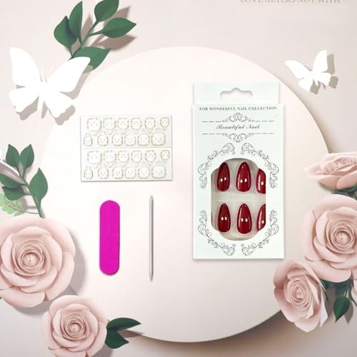Wine Red Solid Color Almond Acrylic Nails with Glue For Women Wine Red Flower