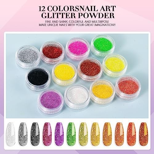 Acrylic Nail Kit for Beginners with Everything Professional, 12 Glitter Powder N
