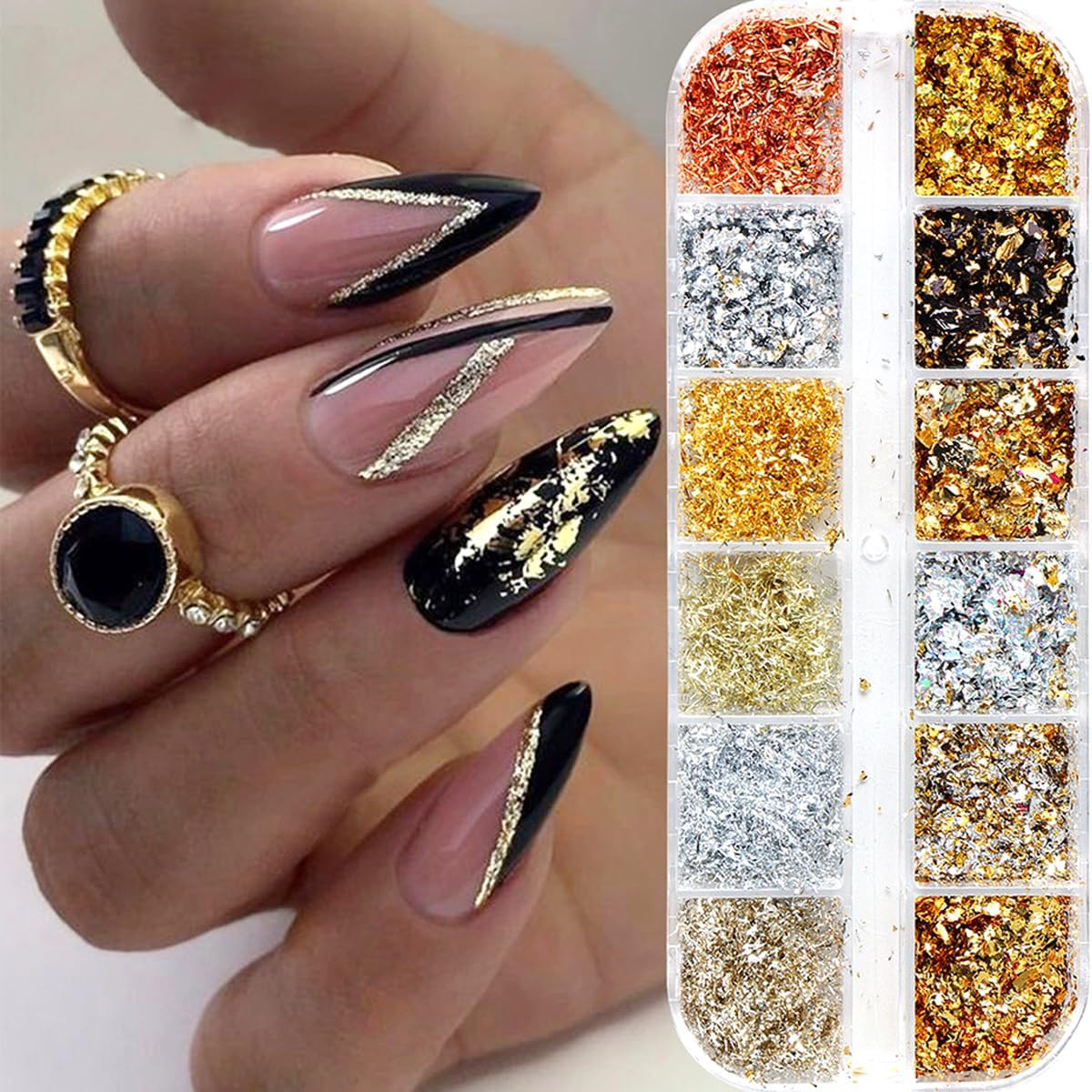 Holographic Nail Glitter Gold Foils for Kit, 12 Grids Sparkly Ultra-Thin Aluminu