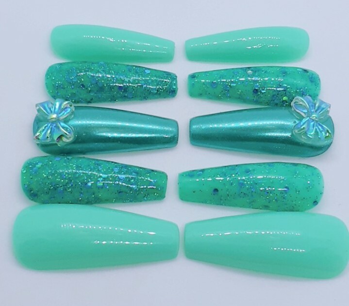 Turquoise Teal Blue Nails Kawaii Bow Glitter Nails-Clearance