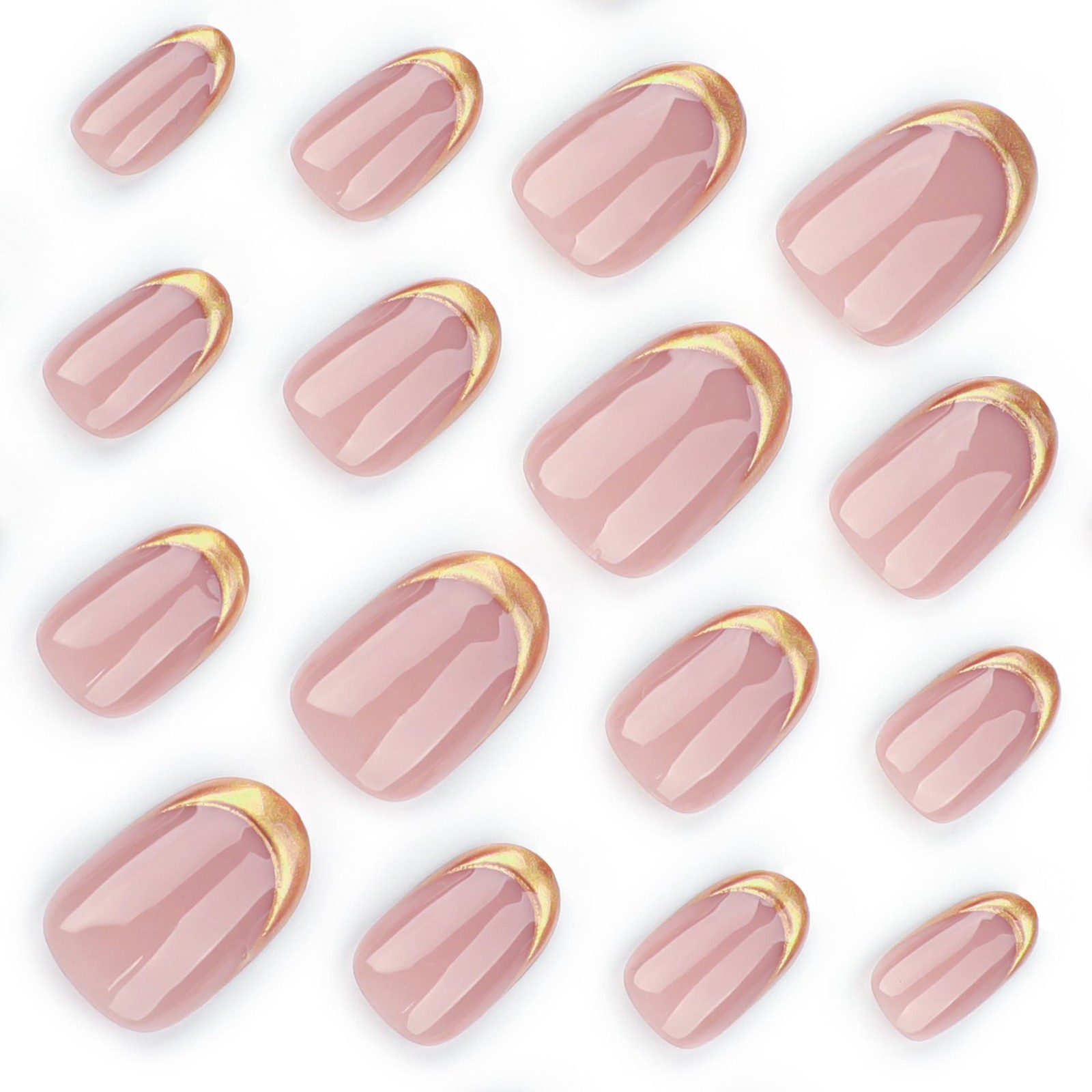 Gold French Tip Press on Nails Short Almond Fake Glossy Short, Style 8