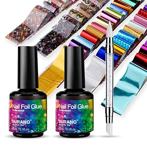 Nail Art Foil Glue Gel 15ML – 2 Bottles + 60PCS Foil Stickers for Nail Design