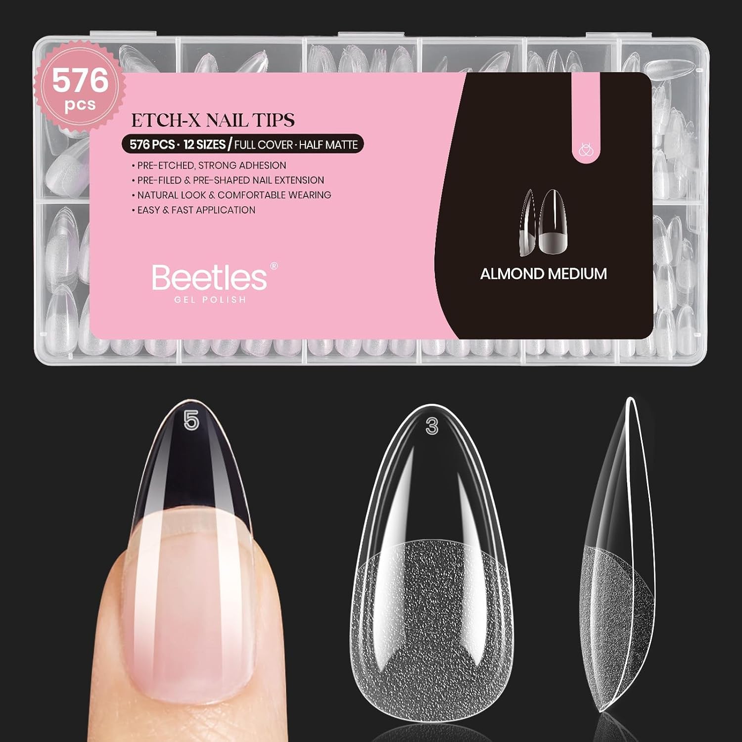 Beetles Medium Almond Nail Tips 576pcs 12 Sizes, Pre-Etched Soft Gel Tips Half