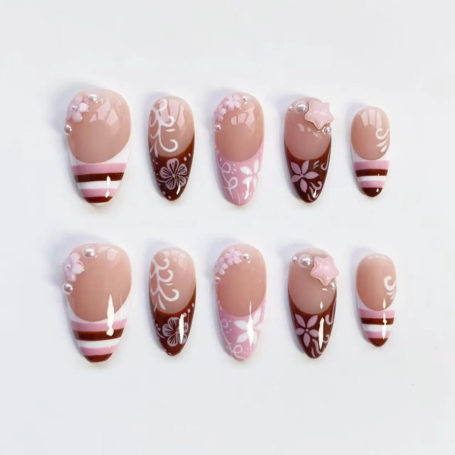 Handmade Kawaii Pink Brown French Y2K Flower Press On Nails All Shapes