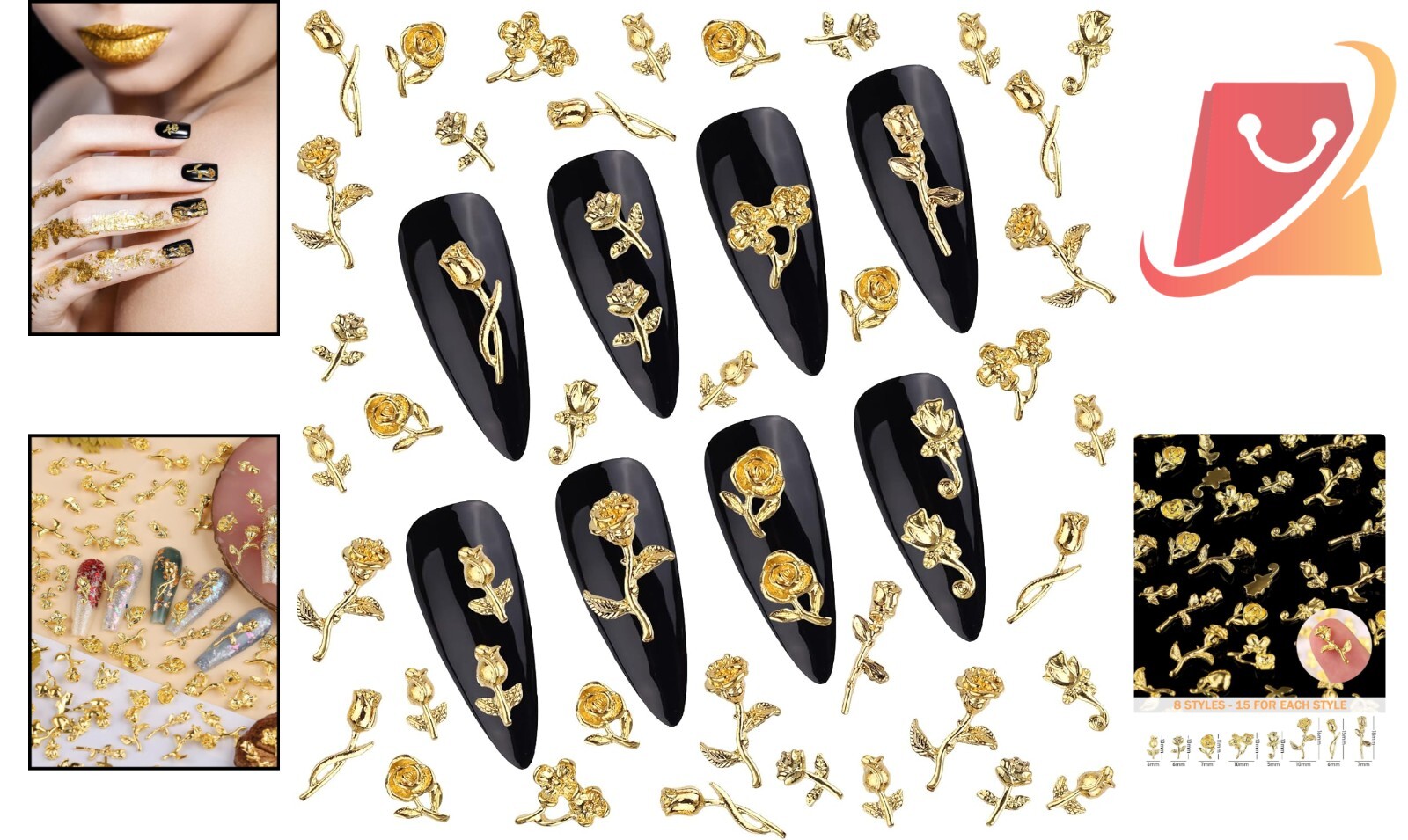 120 PCS Gold Alloy 3D Rose Nail Charms Small Flower Designs DIY Nail Art