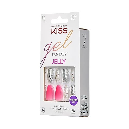KISS Gel Fantasy Press On Nails, Nail glue 31 Piece Set, Fun & Jelly