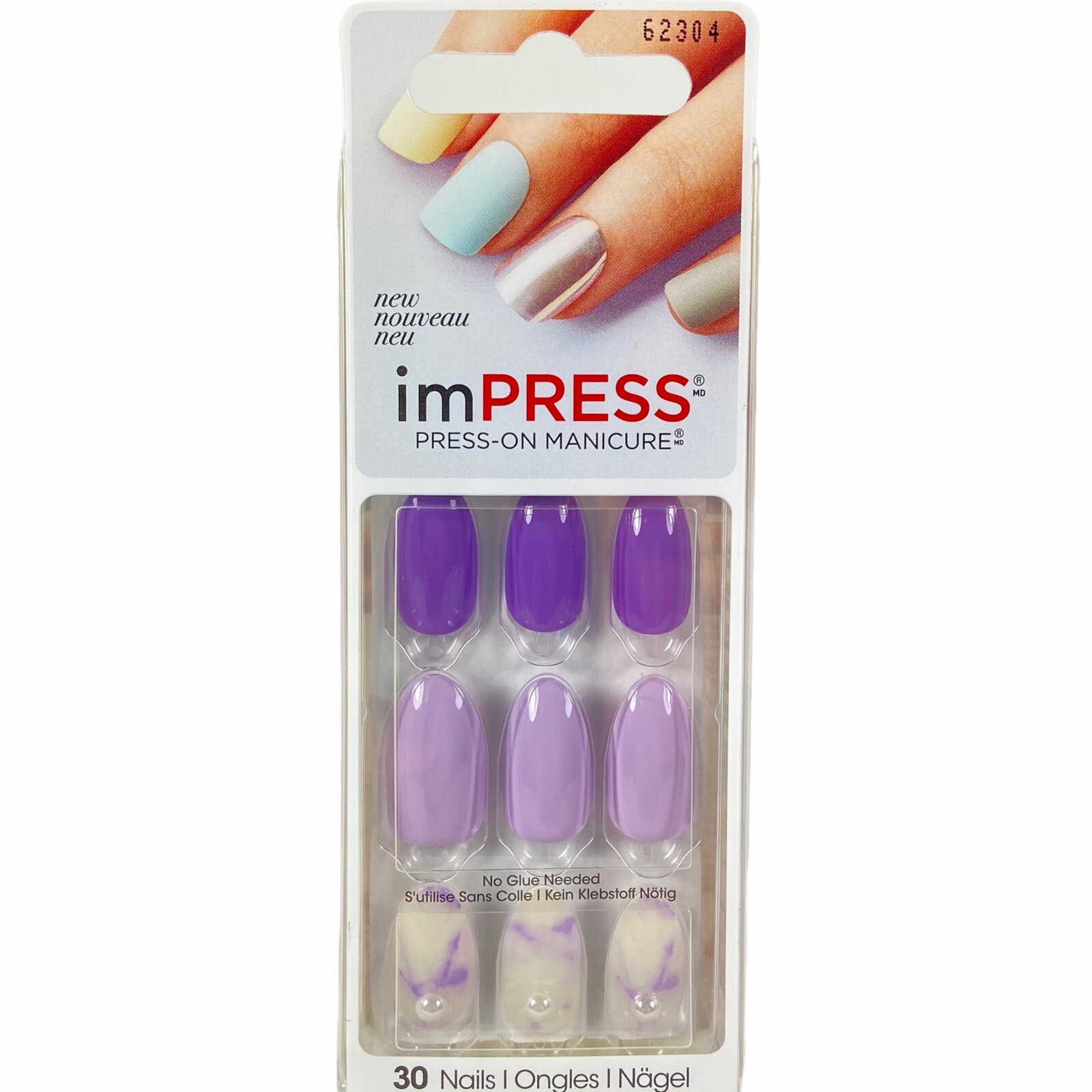 NEW Kiss Nails Impress Press On Manicure Medium Gel Almond Purple White Marble