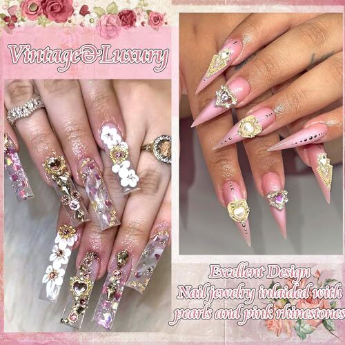 122PCS Gold Nail Charms Pink Rhinestone Heart Charms for Nails Art Luxury
