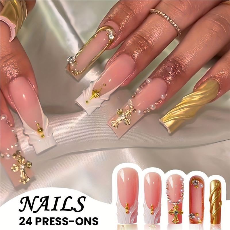 Long Square Gold Nails 3D Water Ripple Cross Rhinestone Press On Nails