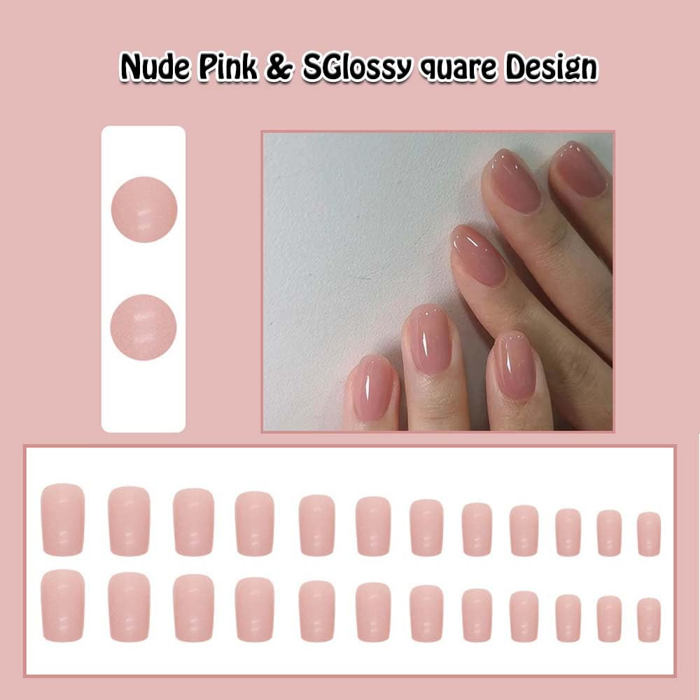 Nude Press on Nails Short Oval Pink Fake Nail with Glossy Design on Nail for Wom