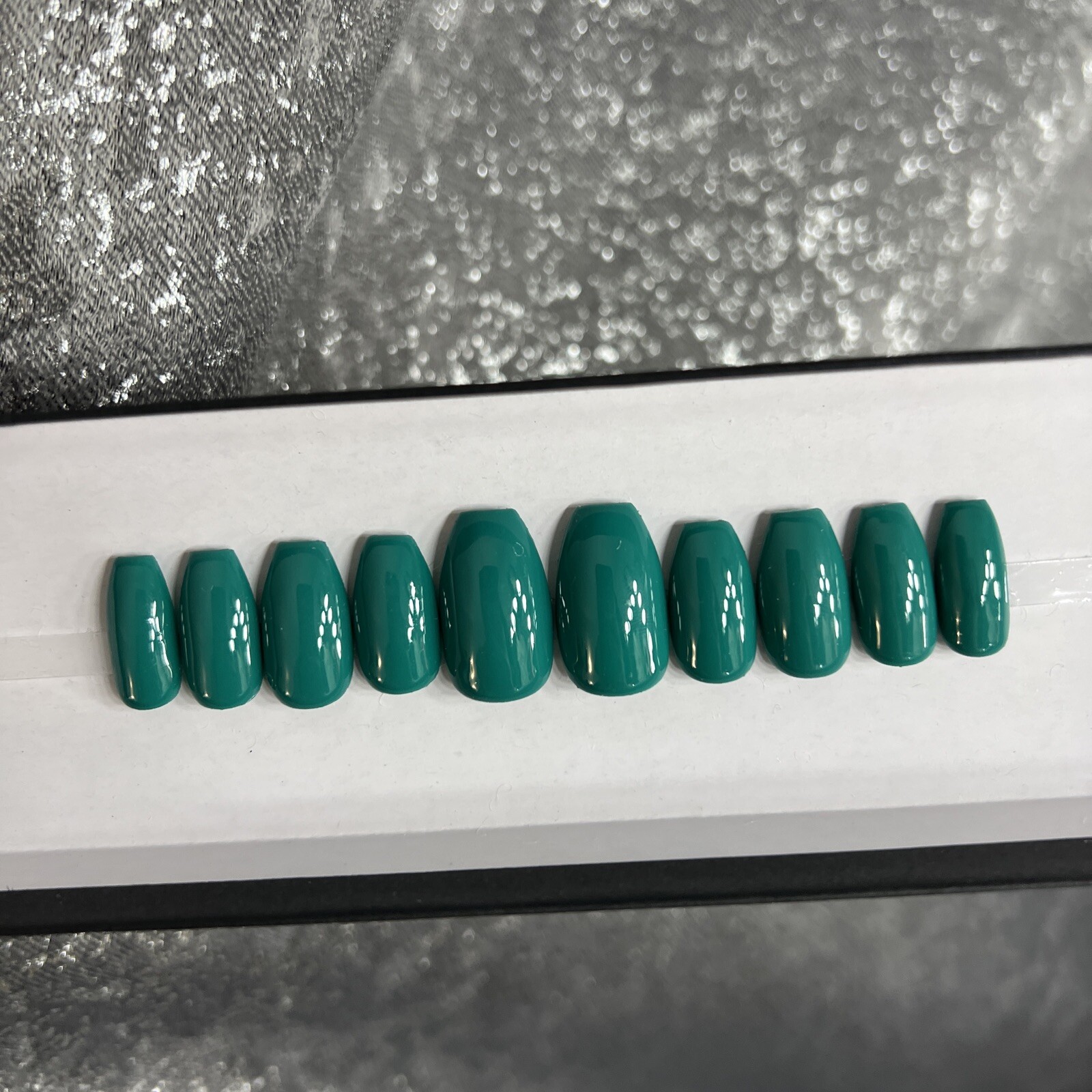 🔥 CUSTOM Gel Press On Nails, ￼ ￼Blue Green, Ballerina short, 10p Set W FULL KIT