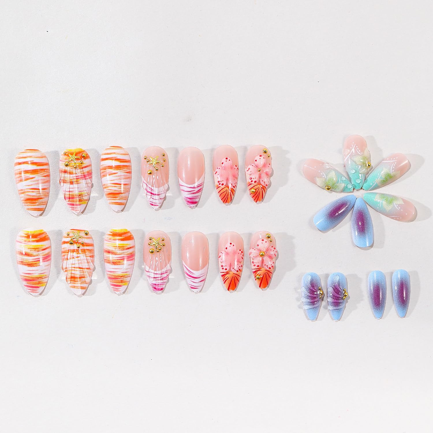 Gradient 3D Flower Press on Nails Almond – Medium French Tip Fake Nails with Gol