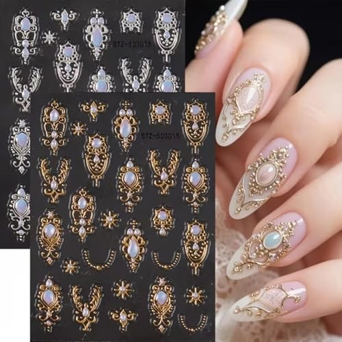 Baroque Nail Art Stickers 5D Embossed Gold Sliver Nail Decals Retro Style-4