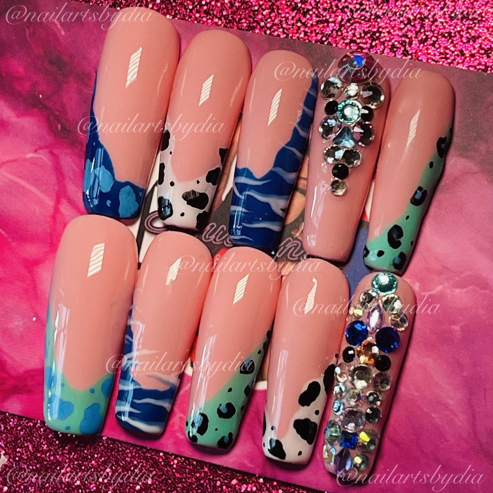 Square Press-On Nails Nude Blue Green Animal Print Full Cover Shiny Long