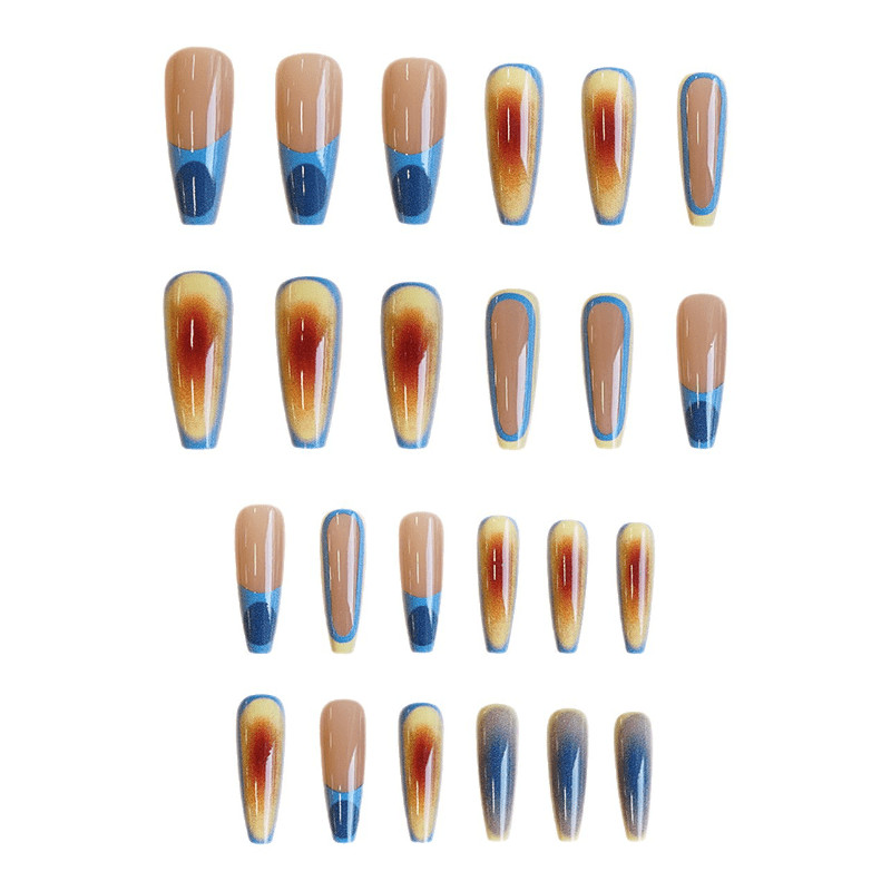 48P Long Coffin Press on Nails, Blue Orange Gradient French Stylish Fake Nails