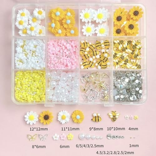 600PCS Nail Charms and Gems Gold Bee Yellow Flower for Nails yellow pink white
