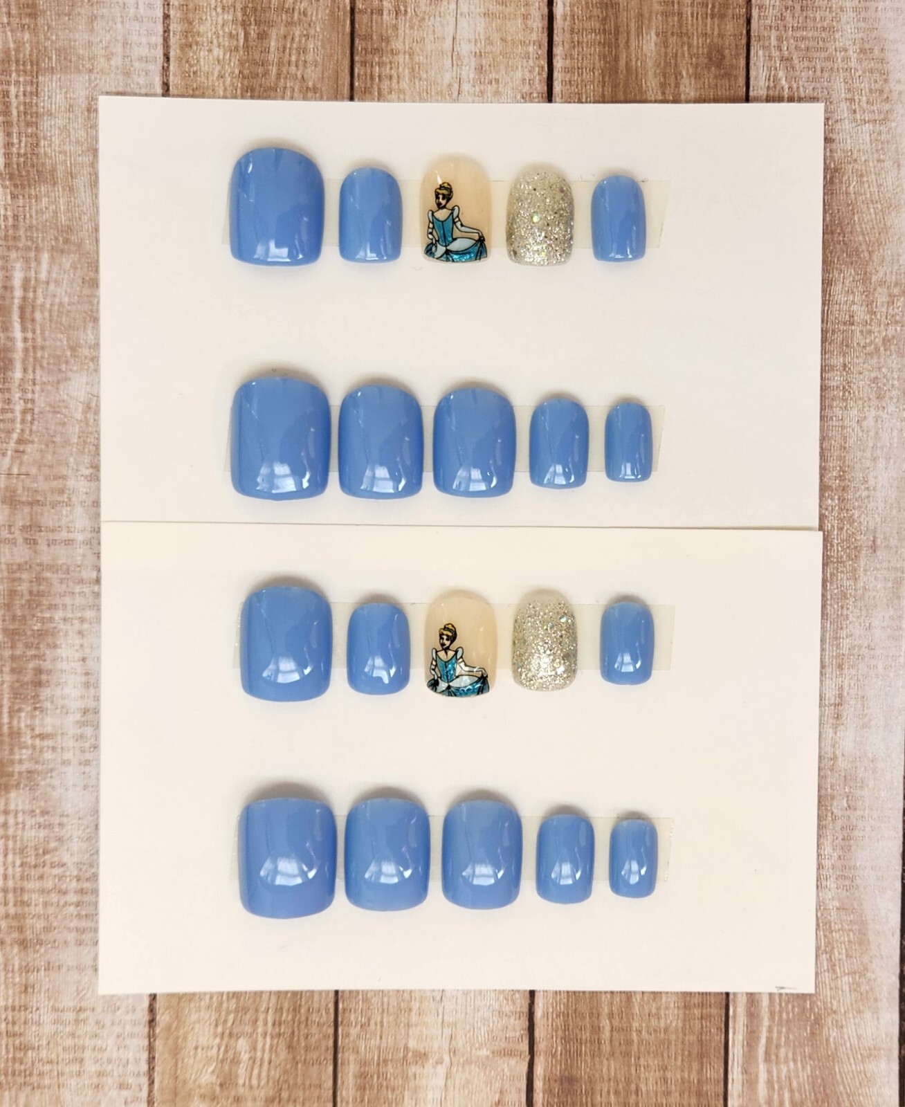 Custom Press On Handmade Gel Nails Blue Cinderella Accent Square Short 20 Tips