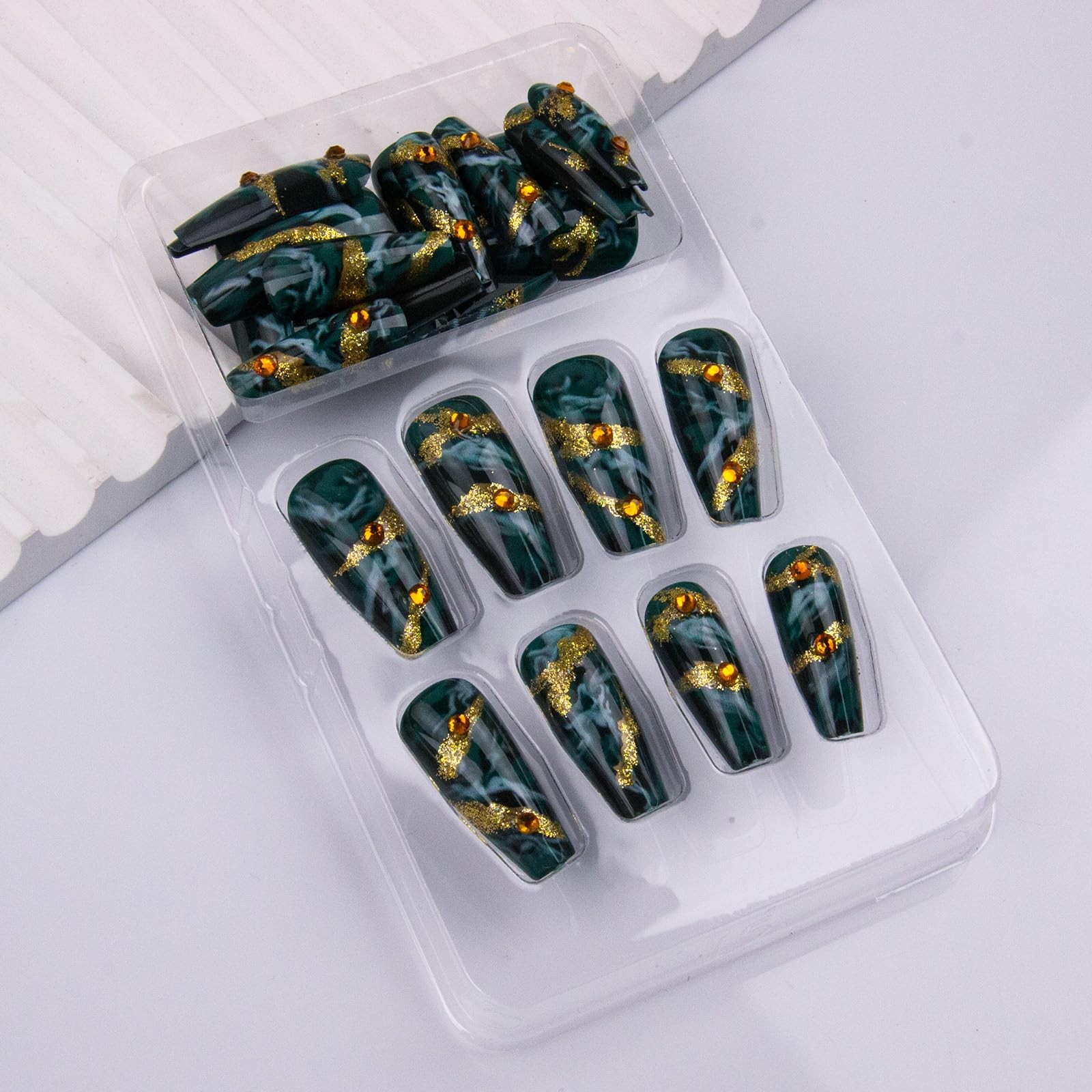 Green Press on Nails Medium Coffin Fake Nails Dark Green Marble False Nails Gold