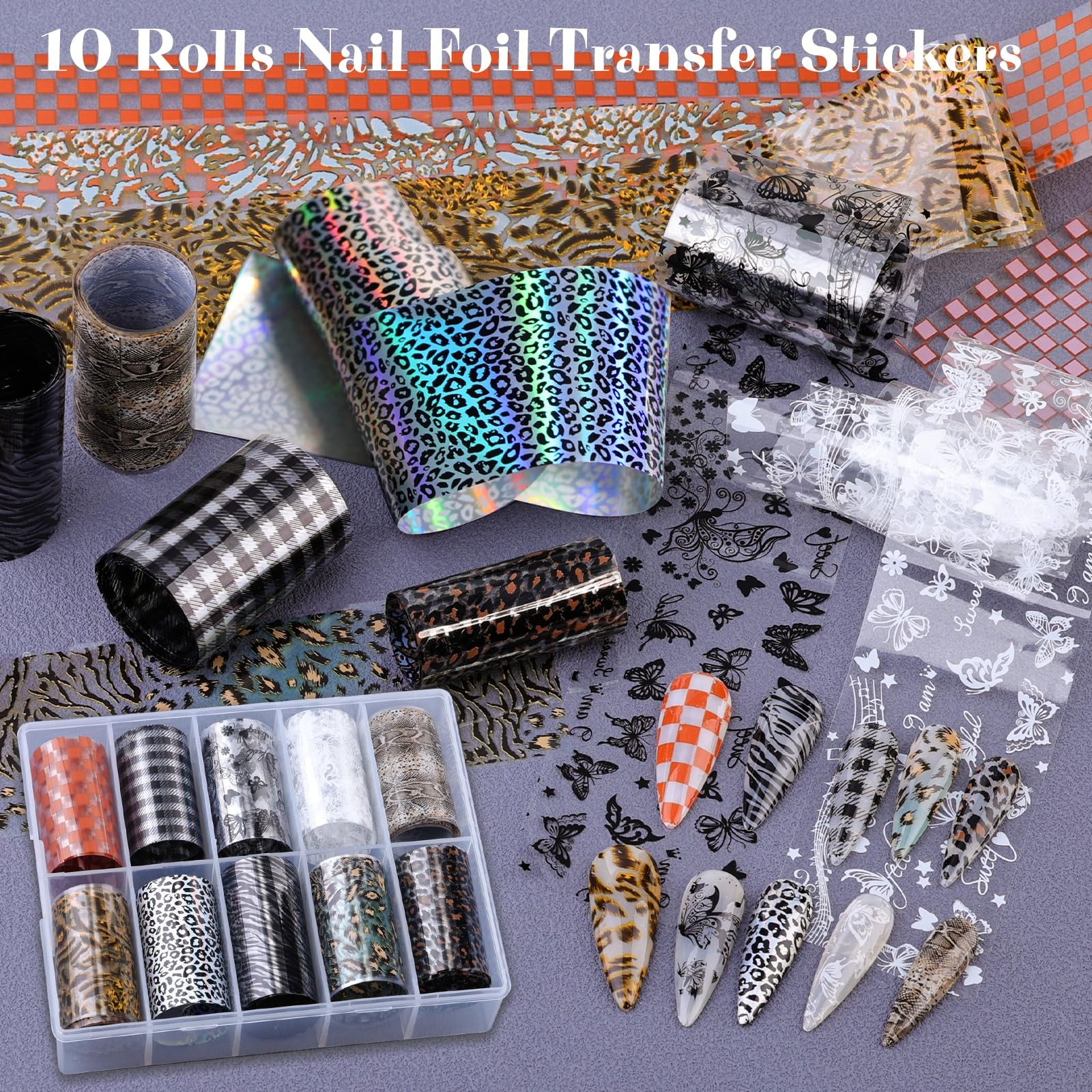 10 Rolls Nail Art Foils Transfer Stickers, Butterfly Plaid Snake Leopard Lace…