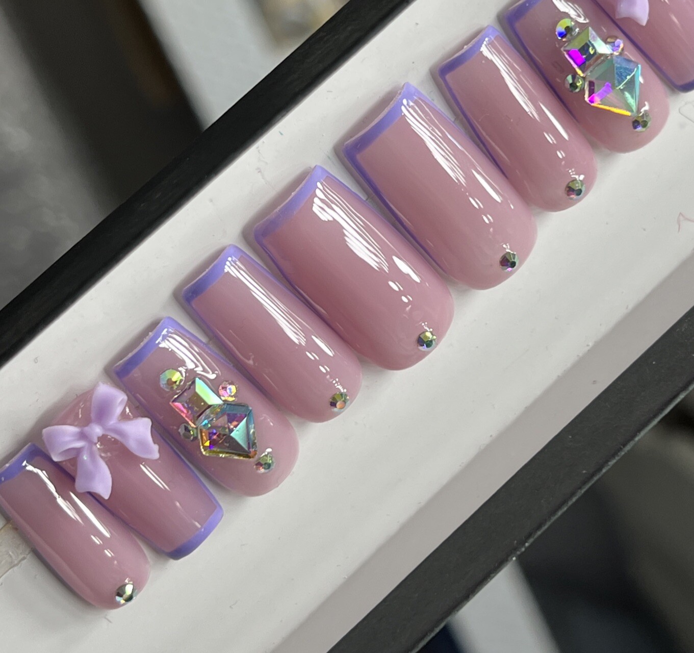 💜💎 CUSTOM Press On Nails FRENCH PURPLE BOW BLING Rhinestones 10p SET W Kit