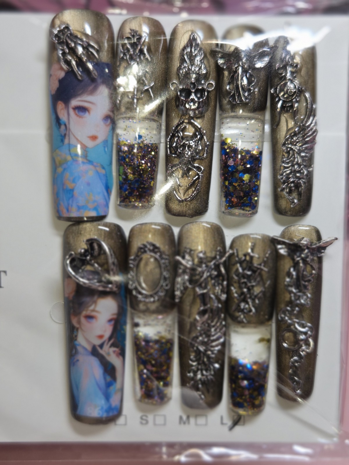 Press On Nails Handmade Large Xl Dark green anime gothic aqua water nails