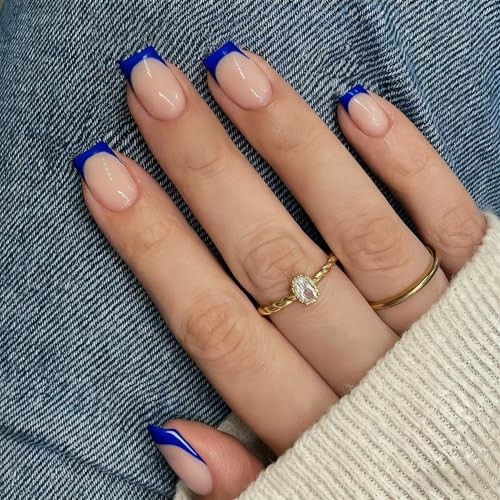 Press On Nails Short Square – Royal Blue – French Tip