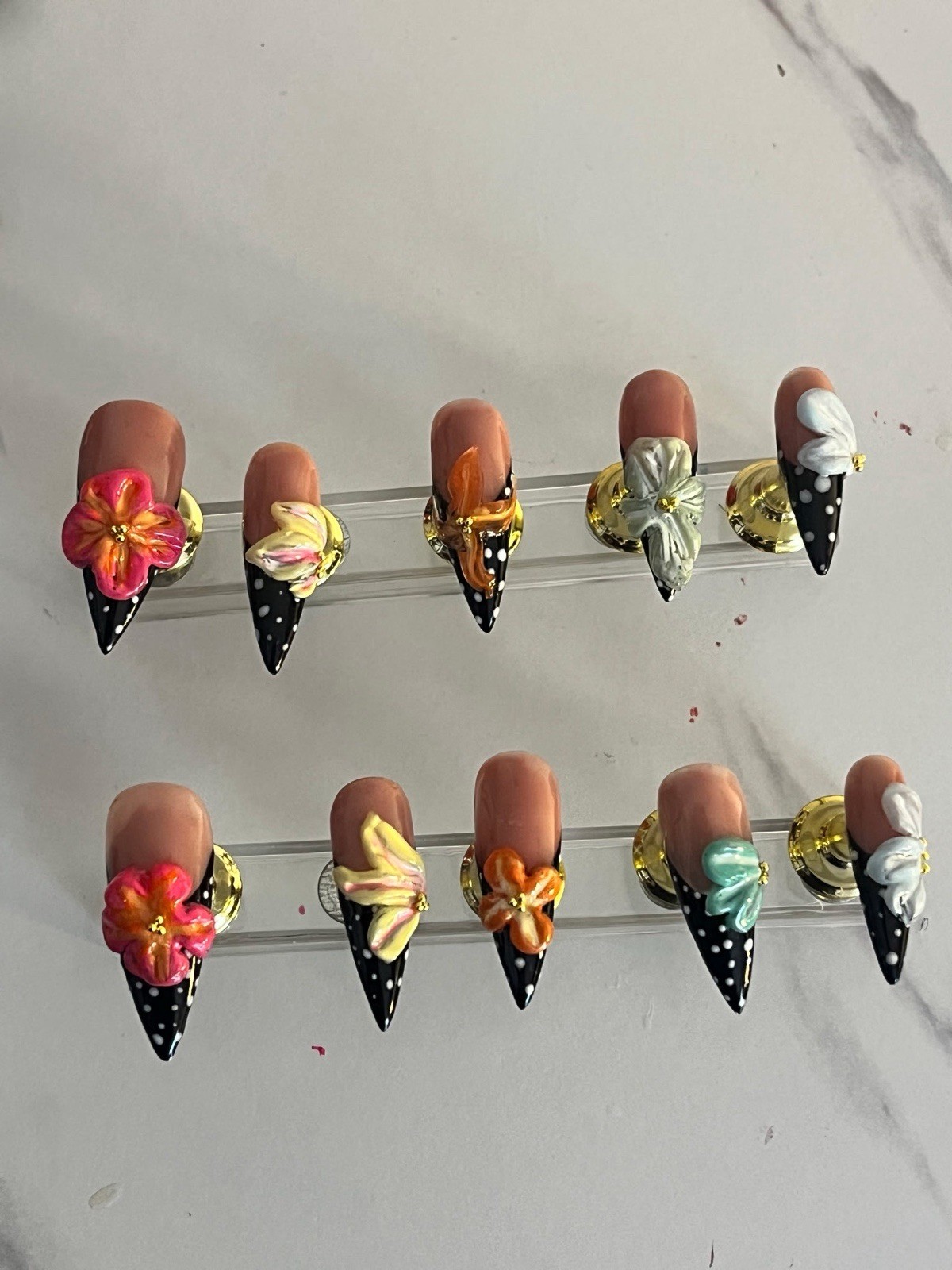 Galaxy Bow Stilettos. Handcrafted press-on nails with glossy black