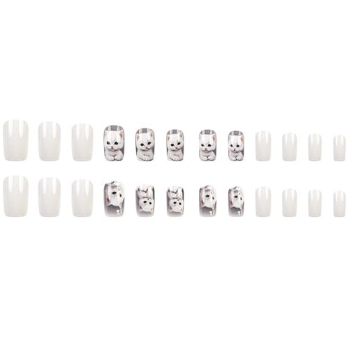 White Square Cute Cat Nails – Medium Square Cute Cat Press on Nails W6