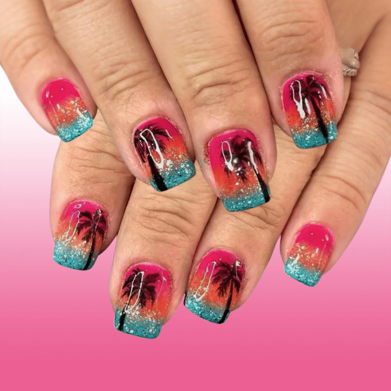 48P Short Square Press on Nails, Sunset Palm Tree Gradient Glitter Fake Nails