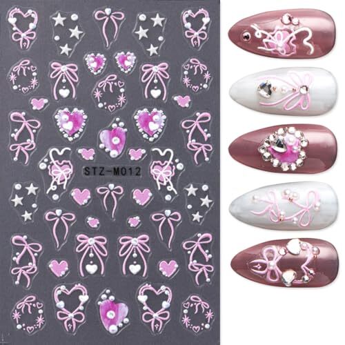2 Sheets Pink Valentines Day Nail Stickers 3D Self Adhesive Heart Nail Art