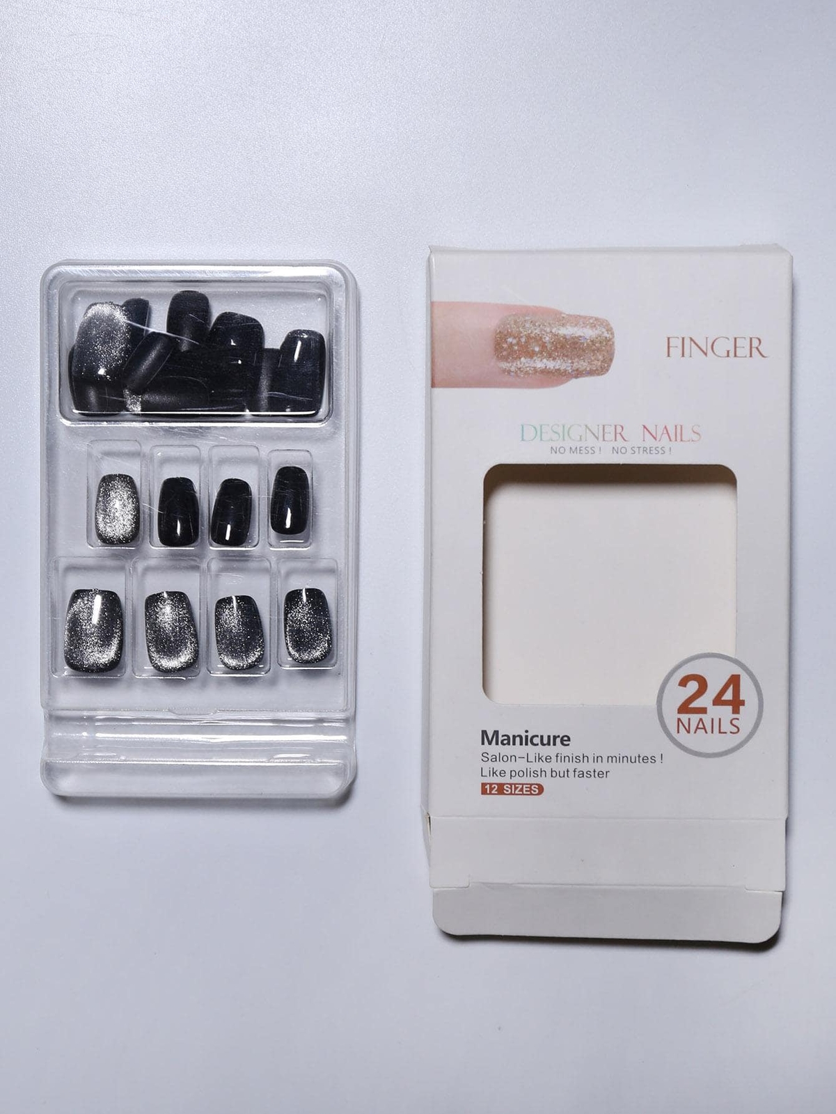24pcs Short Square Glitter Black Glitter Cat Eye Fake Nail False Nails Press On