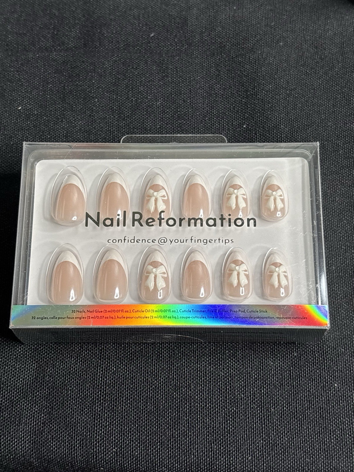 Nail Reformation Beige White French Bow Almond Medium Nails Glue AS175