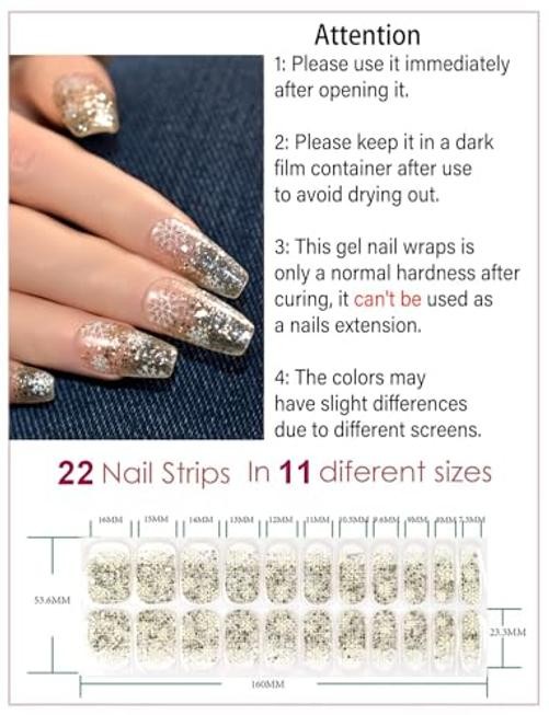 Semi Cured Gel Nail Strips Christmas Nail Stickers Clear with Snowflakes