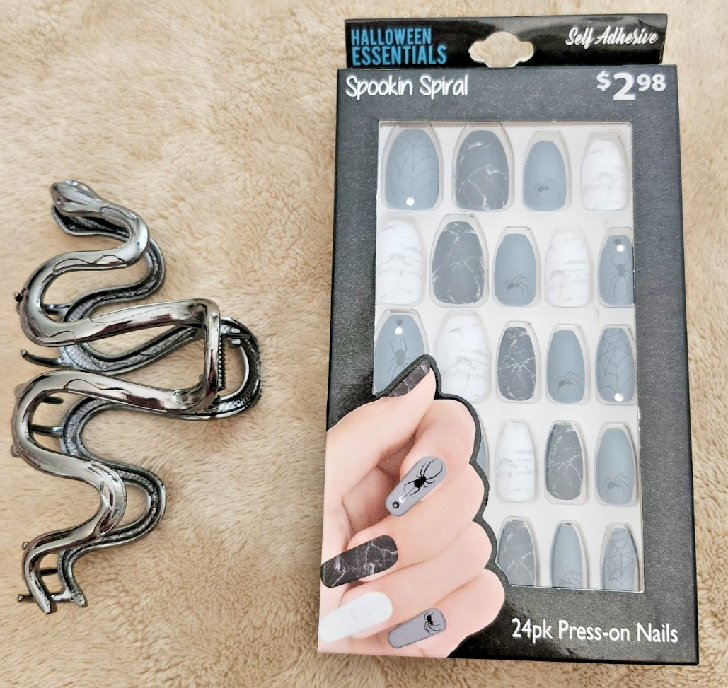 Black Grey Press On Nails & Metal Snake Hair Clip Bundle Goth Alternative Style