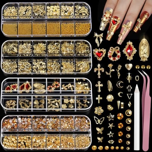 Nail Charms and Gems Set, 4 Boxes Nail Gems Nail Pearls Nail Art Tools, Gold