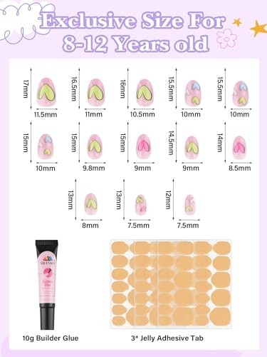 78 Pcs Colorful Heart Press-On Nails for Kids 8-12, Fake Nail Kit with Adhesives